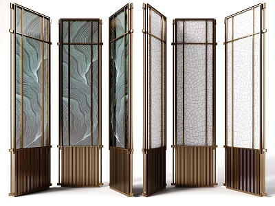 Elegant Modern Room Divider Featuring Metal Frame And Textured Glass Panels For Home Decor 3d model