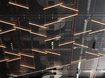 Industrial Style Ceiling With Perforated Metal Grid And Recessed Linear Lights 3d model