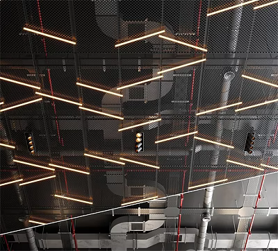 Industrial Style Ceiling With Perforated Metal Grid And Recessed Linear Lights 3d model