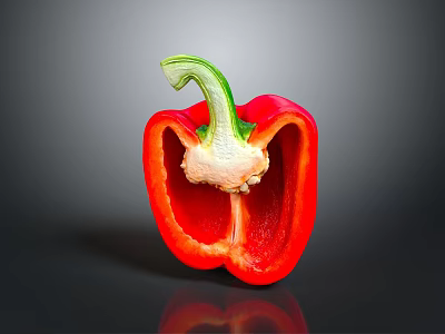 Sliced Red Bell Pepper Showing Fresh Interior With Green Stem On Dark Background 3d model