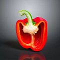Sliced Red Bell Pepper Showing Fresh Interior With Green Stem On Dark Background