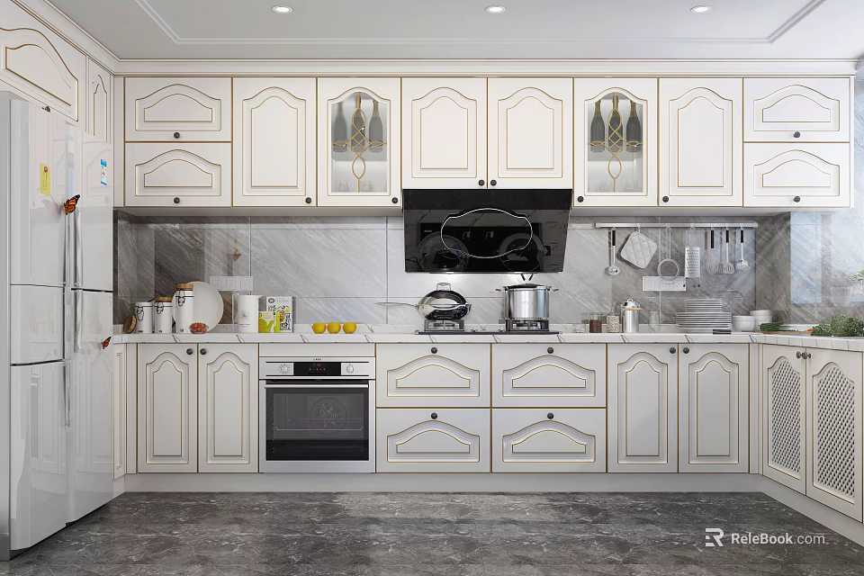 Classic White Kitchen Cabinets With Glass Door Upper Units And Marble Countertop 3d model 