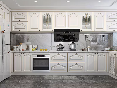 Classic White Kitchen Cabinets With Glass Door Upper Units And Marble Countertop 3d model