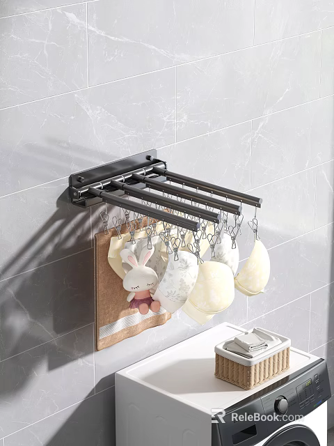 Wall Mounted Black Metal Bathroom Shelf With Multiple Hooks Hanging Towels Bath Balls And Toy 3d model 