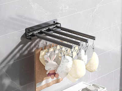 Wall Mounted Black Metal Bathroom Shelf With Multiple Hooks Hanging Towels Bath Balls And Toy 3d model