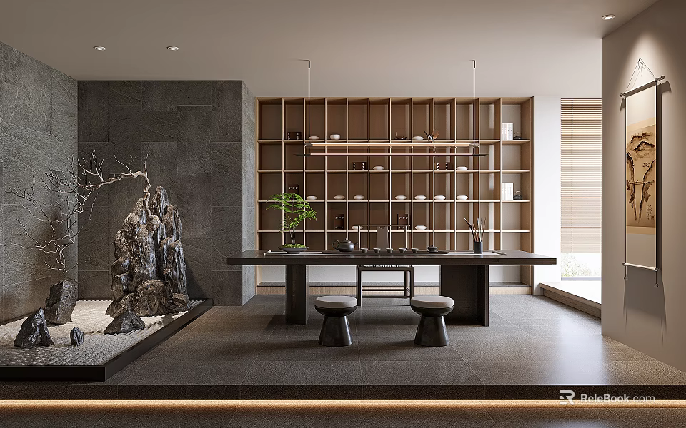 Modern Minimalist Tea Room With Long Table Stools And Rockery 3d model 