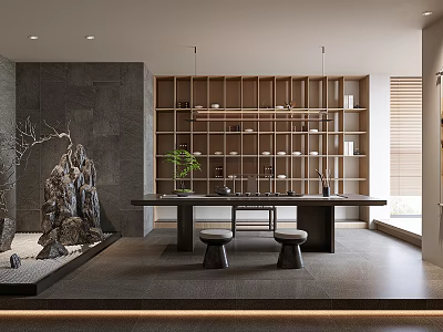 Modern Minimalist Tea Room With Long Table Stools And Rockery 3d model