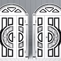Dark Wood Double Door With Golden Decorations And Arched Top Windows