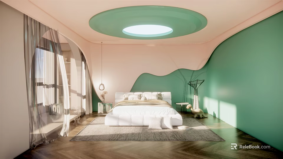 Hotel Room Interior Design With Green Circular Ceiling And Skylight 3d model