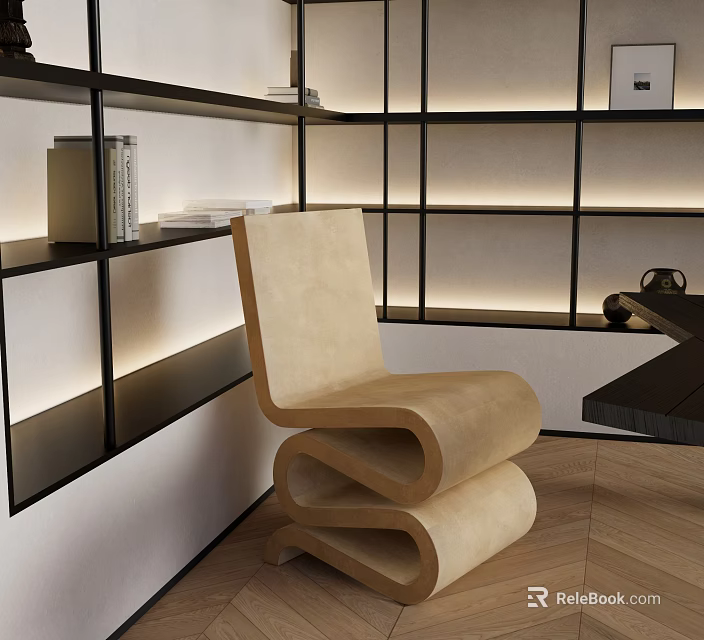 Modern Beige Leisure Chair With Curved Design On Wooden Flooring Near Illuminated Black Bookshelves 3d model 