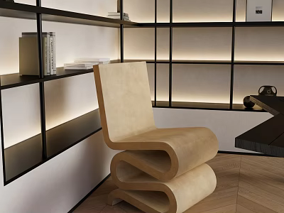 Modern Beige Leisure Chair With Curved Design On Wooden Flooring Near Illuminated Black Bookshelves 3d model