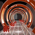 Futuristic Activity Passage With Red Circular Rings 2024 Text And Reflective Floor Lighting