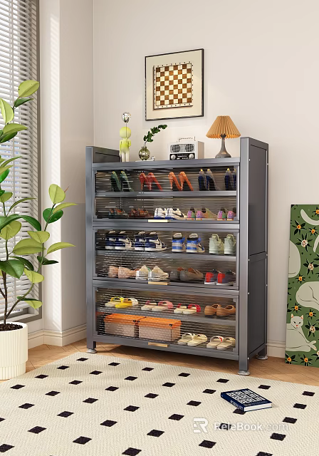 Modern Multi Tier Shoe Cabinet With Transparent Dustproof Doors For Home Footwear Storage Solution 3d model 