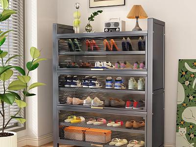 Modern Multi Tier Shoe Cabinet With Transparent Dustproof Doors For Home Footwear Storage Solution 3d model