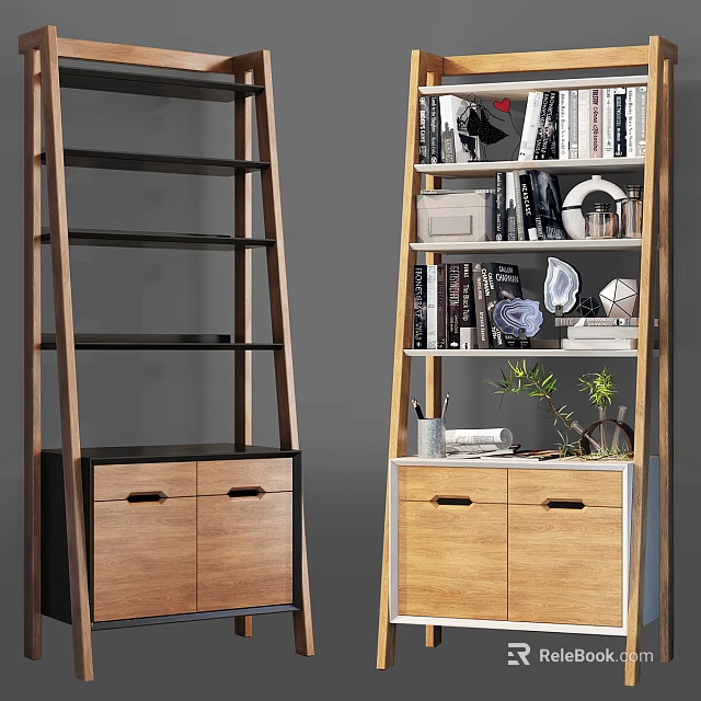 Modern Wooden Bookshelf With Black Frame Drawers Books And Decorative Plants 3d model 