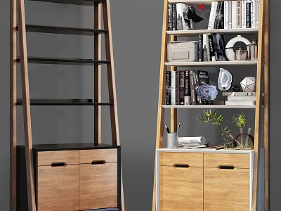 Modern Wooden Bookshelf With Black Frame Drawers Books And Decorative Plants 3d model