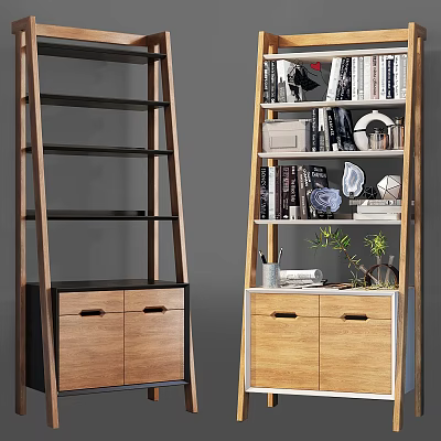 Modern Wooden Bookshelf With Black Frame Drawers Books And Decorative Plants 3d model