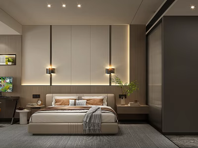 Elegant Modern Hotel Guest Room With Wooden Walls Bedside Lamps Gray Carpet And Green Plant 3d model