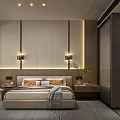 Elegant Modern Hotel Guest Room With Wooden Walls Bedside Lamps Gray Carpet And Green Plant