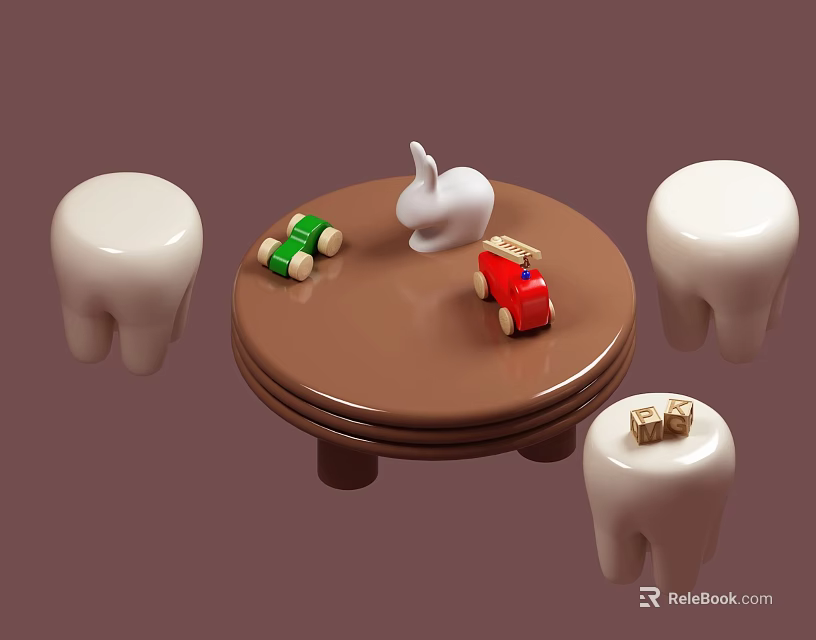 Brown Children's Table With Four White Stools Red Toy Car Green Blocks And White Rabbit 3d model 