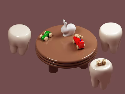 Brown Children's Table With Four White Stools Red Toy Car Green Blocks And White Rabbit 3d model