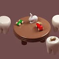 Brown Children's Table With Four White Stools Red Toy Car Green Blocks And White Rabbit
