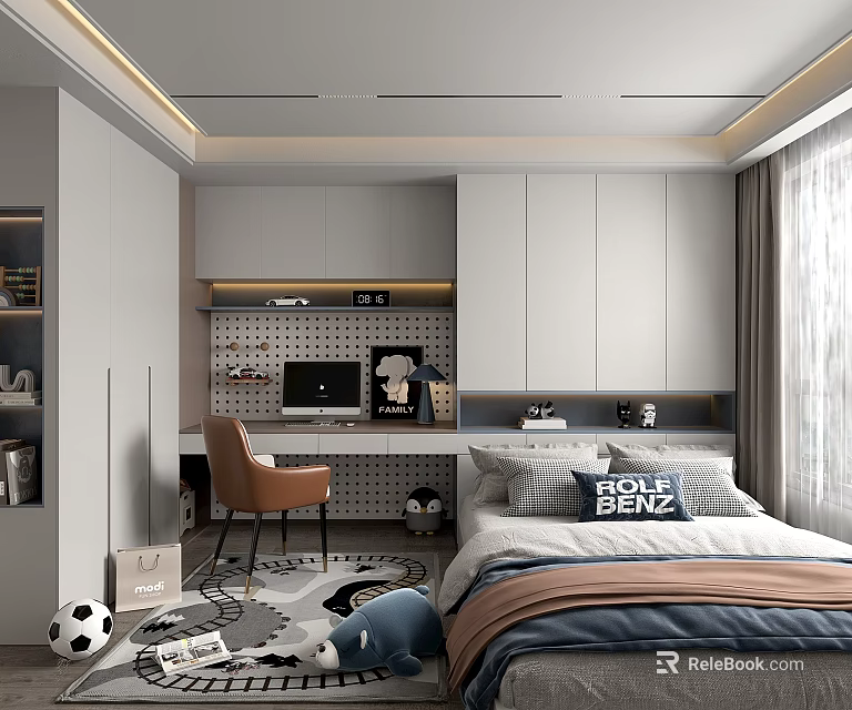 Kids Room Interior With Bed Pillows Soccer Ball Desk Chair Cabinets Rug And Curtains 3d model 