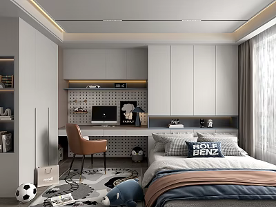Kids Room Interior With Bed Pillows Soccer Ball Desk Chair Cabinets Rug And Curtains 3d model