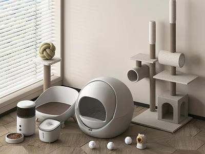 Modern Indoor Cat Supplies With Bed Scratching Post Bowls And Toys 3d model