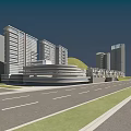 Urban Commercial Street Development With High Rise Buildings Green Spaces And Roads