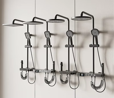 Modern Black Wall Mounted Shower Systems With Overhead Handheld Sprayers And Control Panels 3d model