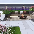 Courtyard Garden Design With Green Lawn Stone Pathway Flower Beds Fire Pit And Decorative Rabbits