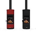 Modern White And Red Cylindrical Fireplace With Glass Door Burning Flames And Black Base