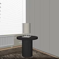Round Black Wooden Side Table With Modern Table Lamp By White Walls Window 3d model