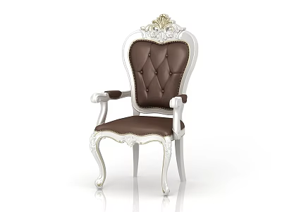 European Style Armchair With Carved Details Brown Leather Backrest And White Frame 3d model