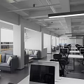 Spacious Public Office Area With Desks Computers Office Chairs Bookshelves And Green Plants