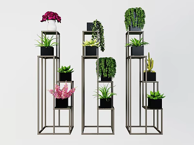 Various Potted Bonsai Plants On Metal Stands With Green Foliage And Colorful Flowers 3d model