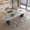 Elegant Modern Desk With White Marble Top Laptop Stools And Green Plant Near Window