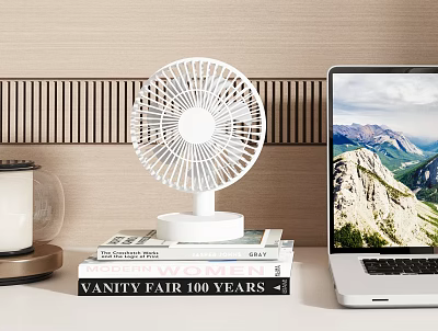 White Desktop Fan On Stacked Books Near Laptop 3d model