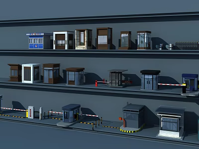Various Styles Of Security Booths And Barrier Facilities Displayed In Layers 3d model