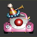 Pink Cartoon Car With Party Hat Horn Clown Nose And Eyes On Reflective Surface