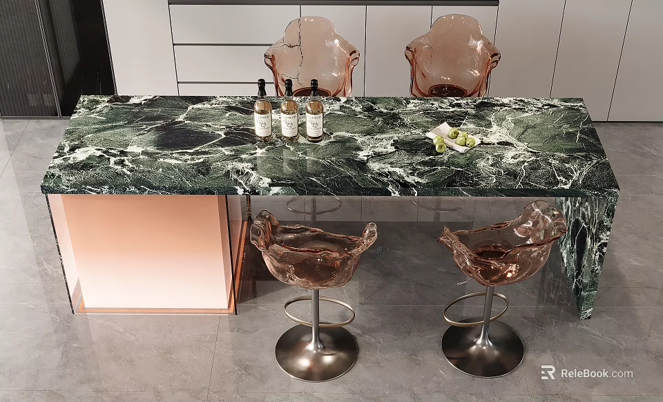 Bar Counter Featuring Green Marble Top And Rose Gold Chairs With Bottles Decorative Items 3d model 