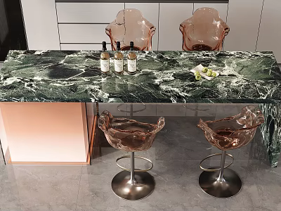 Bar Counter Featuring Green Marble Top And Rose Gold Chairs With Bottles Decorative Items 3d model