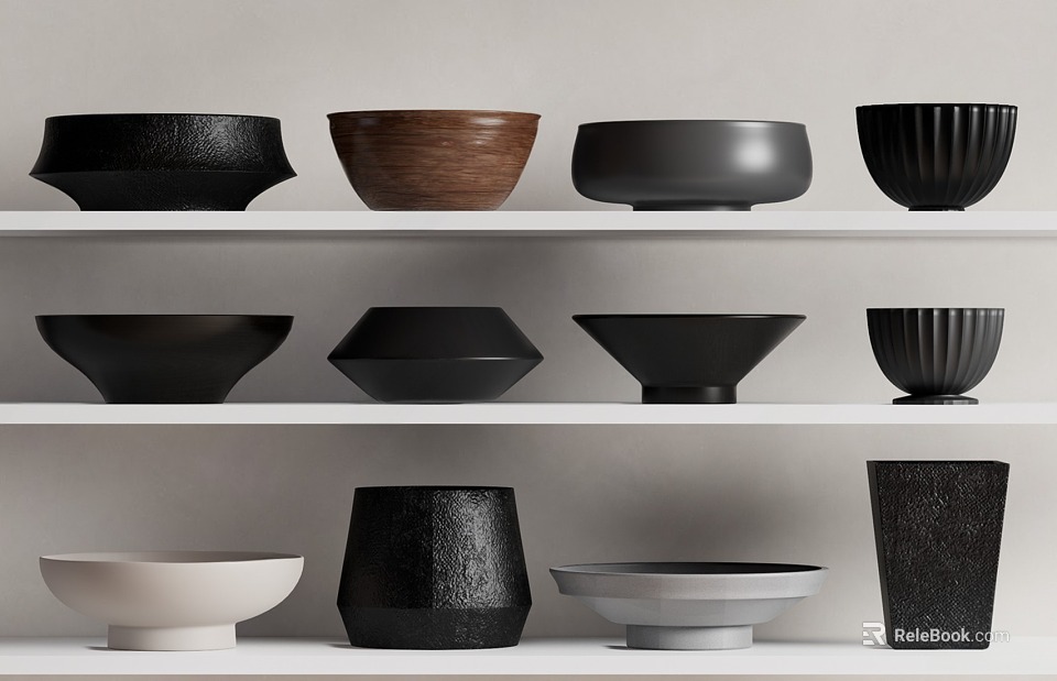 Modern Ceramic Vessels With Textured And Smooth Surfaces In Various Colors On Shelves 3d model 