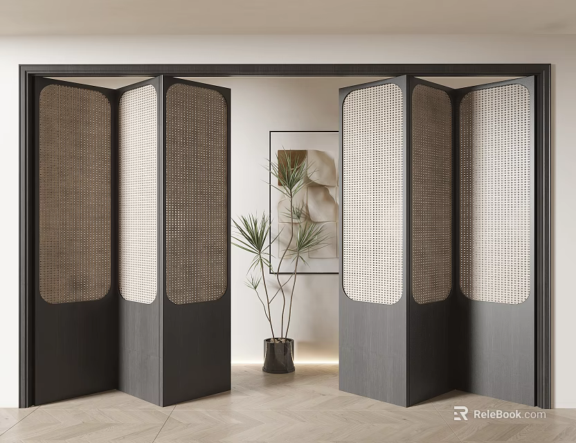 Modern Folding Doors In Contemporary Interior With Plant And Artwork 3d model 
