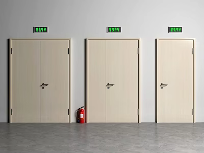 Zi Mu Door with Green Exit Signs Red Fire Extinguisher White Wall and Gray Floor 3d model