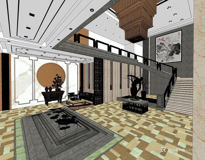 Hotel Lobby Interior With Traditional Chinese Decor Chandelier Staircase And Patterned Carpet 3d model 