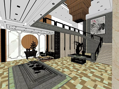 Hotel Lobby Interior With Traditional Chinese Decor Chandelier Staircase And Patterned Carpet 3d model