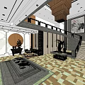Hotel Lobby Interior With Traditional Chinese Decor Chandelier Staircase And Patterned Carpet
