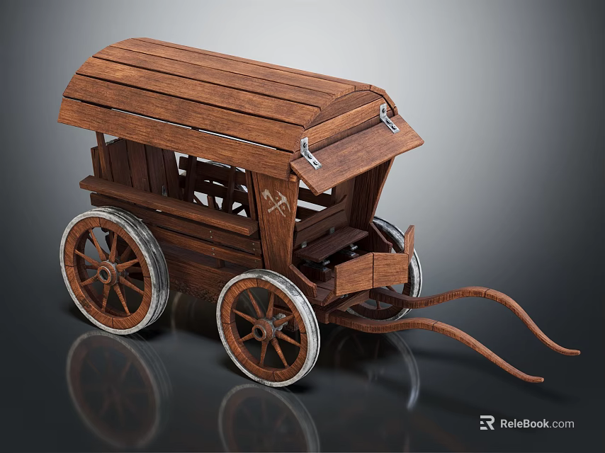 Vintage Wooden Horse Carriage With Spoked Wheels And Wooden Canopy Design 3d model 